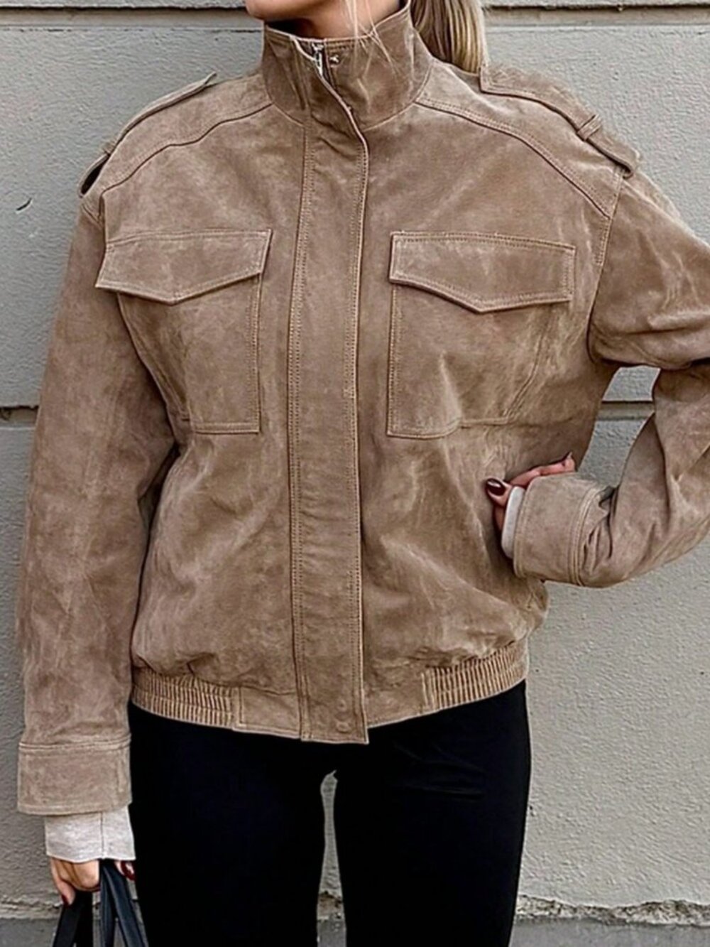 Khaki Casual Women's Suede Jacket with Lapel Collar - Picture 5 of 5